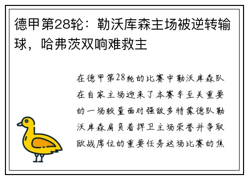 德甲第28轮：勒沃库森主场被逆转输球，哈弗茨双响难救主