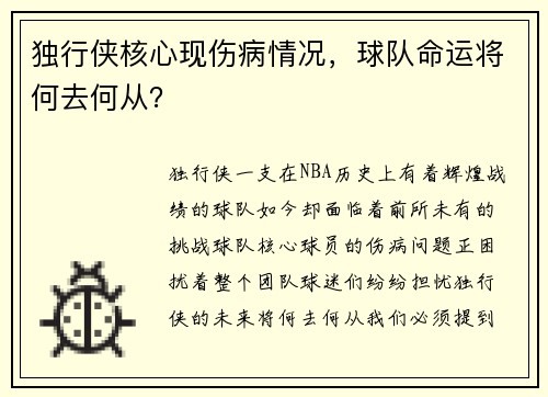 独行侠核心现伤病情况，球队命运将何去何从？