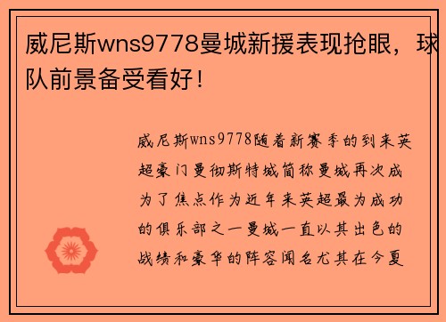 威尼斯wns9778曼城新援表现抢眼，球队前景备受看好！