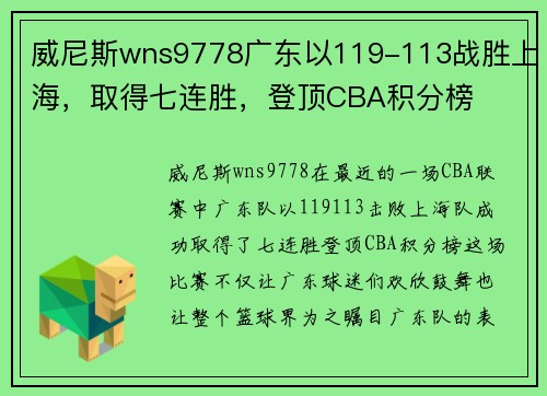 威尼斯wns9778广东以119-113战胜上海，取得七连胜，登顶CBA积分榜