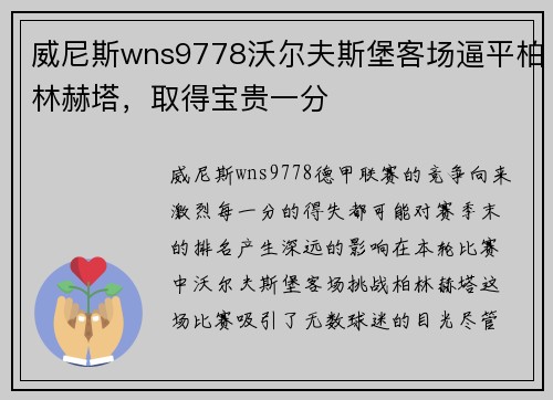 威尼斯wns9778沃尔夫斯堡客场逼平柏林赫塔，取得宝贵一分