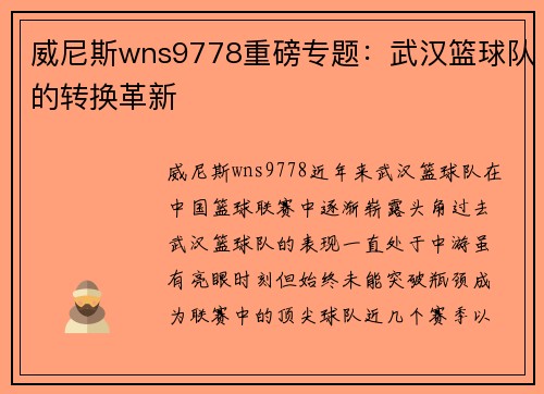 威尼斯wns9778重磅专题：武汉篮球队的转换革新