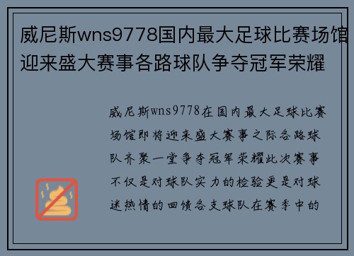 威尼斯wns9778国内最大足球比赛场馆迎来盛大赛事各路球队争夺冠军荣耀